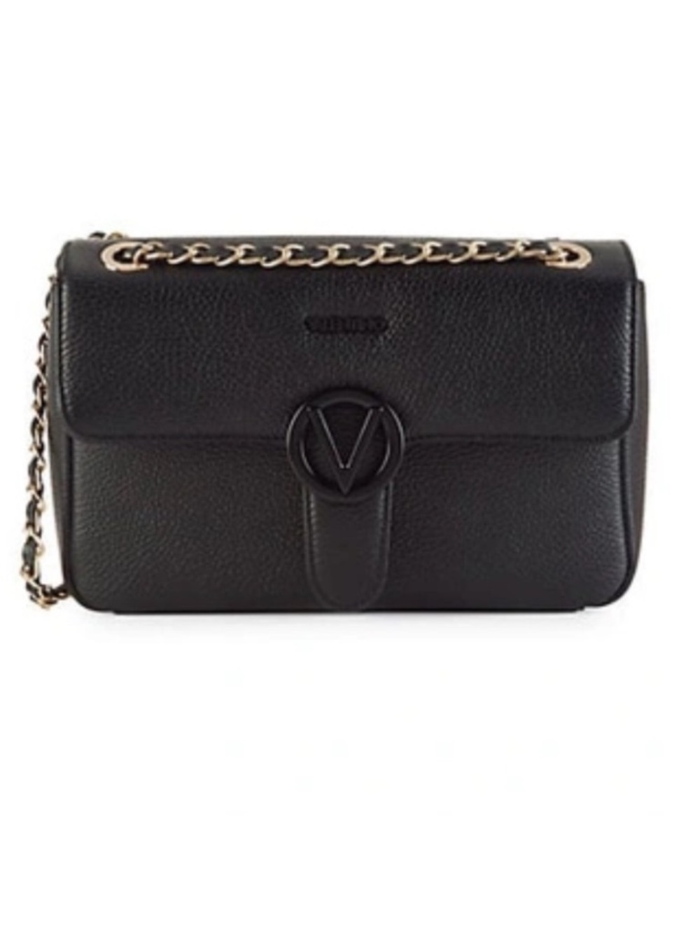 Valentino By Mario Valentino Black Pebbled Leather Crossbody with Gold Chain